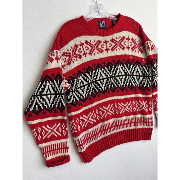 Vintage GAP Fair Isle Nordic Sweater Red Black Cream 90s Y2K hoilday large - Picture 5 of 11